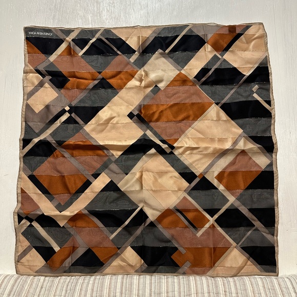 Jones New York Silk Scarf 20.5” Square Geometric Neutral Print Tan Black Browns - Picture 6 of 10